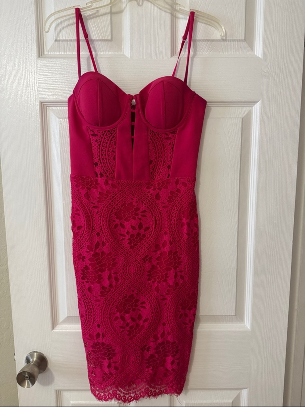 bebe Fuchsia Lace Midi Bodycon Dress